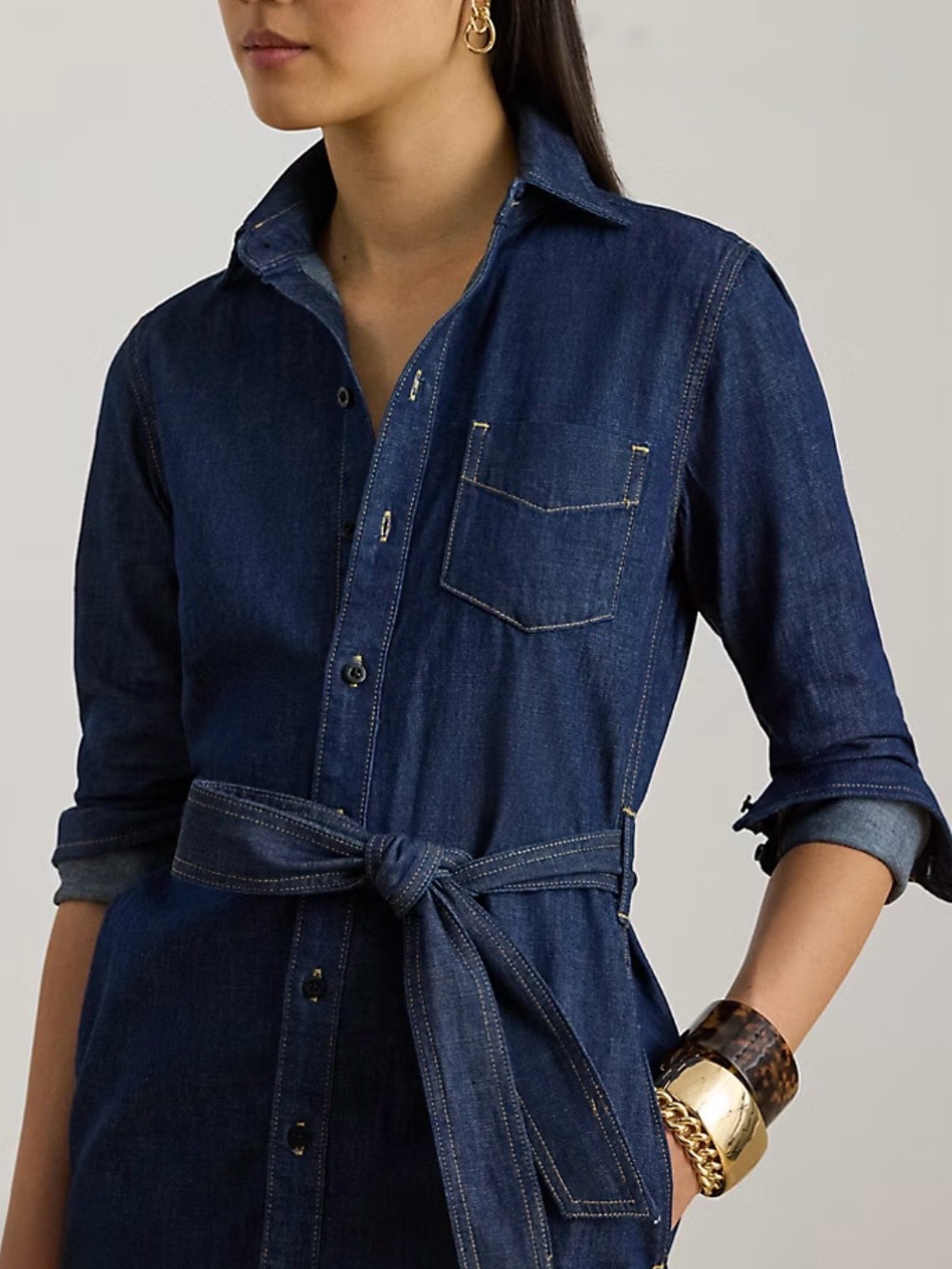 New! Ralph Lauren BLACK LABEL Dark Indigo Denim ShirtDress with Waist Tie size M - Picture 3 of 6